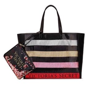 Victoria's Secret Bling Sequin Striped Carryall Tote and Mini Bag Set NWT